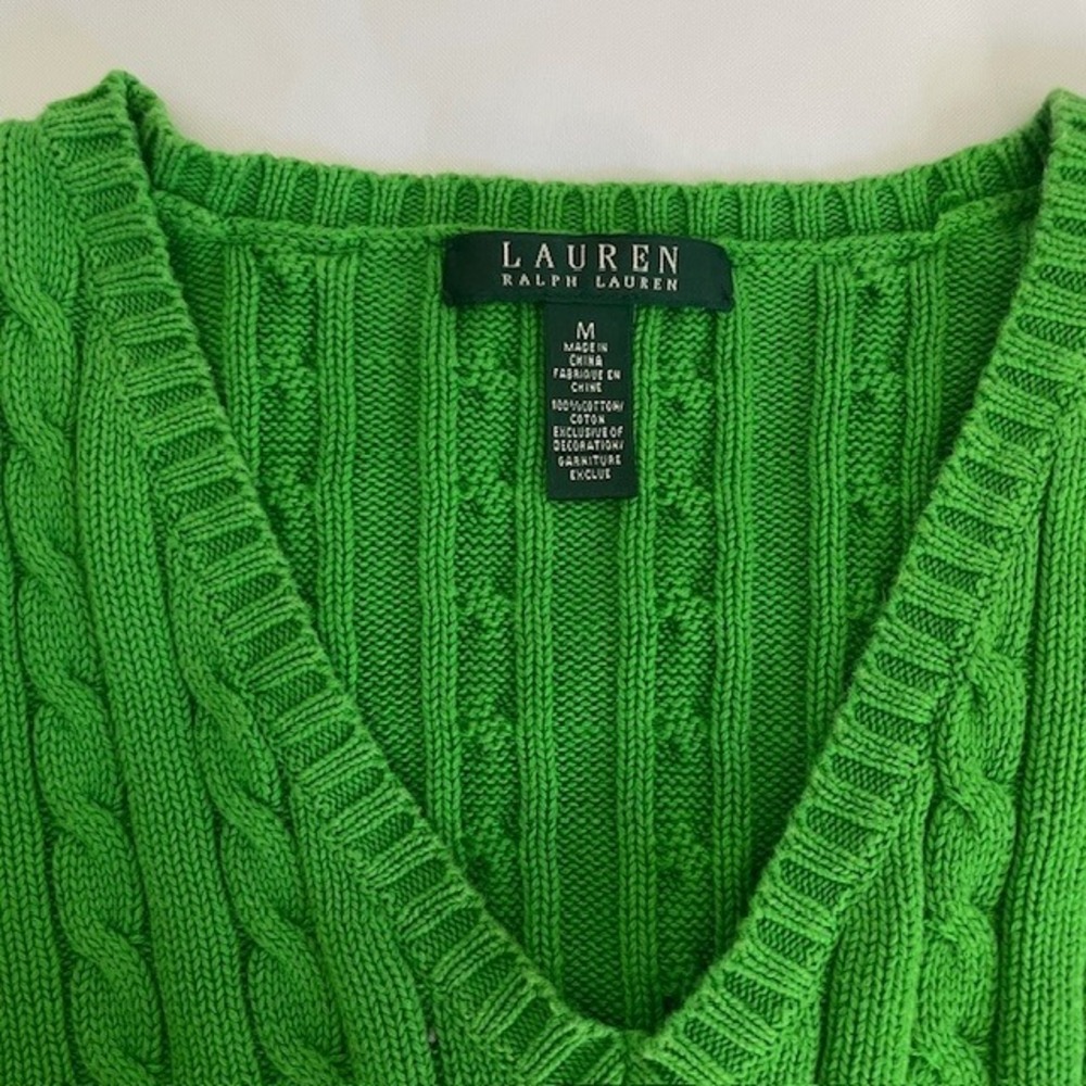 Lauren Ralph Lauren Medium Green Classic Cotton V-Neck Sweater Preppy Classic - Picture 4 of 7
